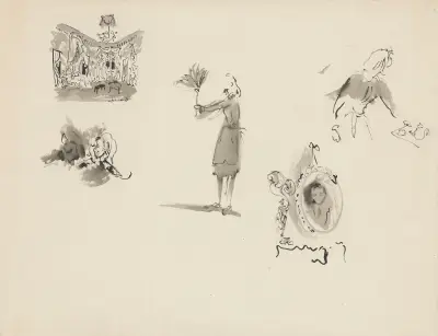 Les Bonnes – maquette de décor – planche – un décor, trois esquisses costumes bonne, portrait de Monsieur von Christian Bérard