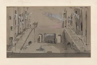 Les fourberies de Scapin – maquette de décor – rue avec venelles en escalier à droite et à gauche von Christian Bérard