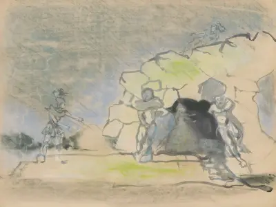 Renaud et Armide – maquette de décor – grotte avec quatre personnages von Christian Bérard