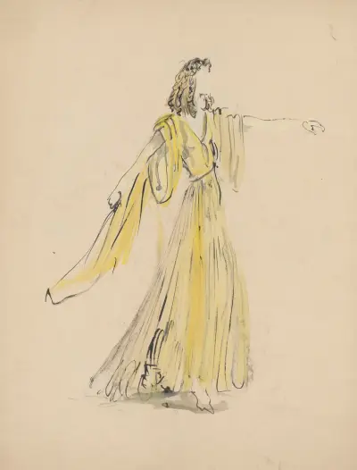 Sodome et Gomorrhe – maquette de costume – femme en robe jaune von Christian Bérard