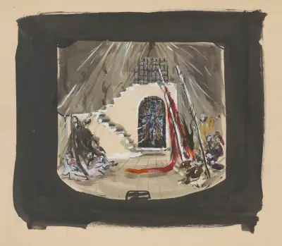Sodome et Gomorrhe – maquette de décor – escalier longeant mur en ruine, podium avec draperie rouge von Christian Bérard