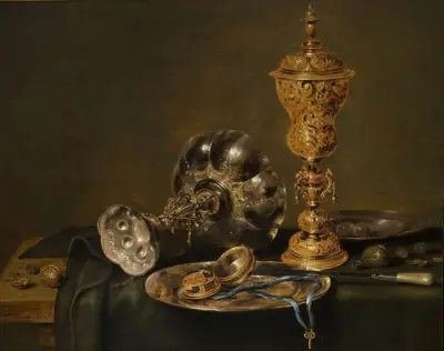 Still Life with Metal Vessels and a Watch on a Table av Willem Claesz Heda