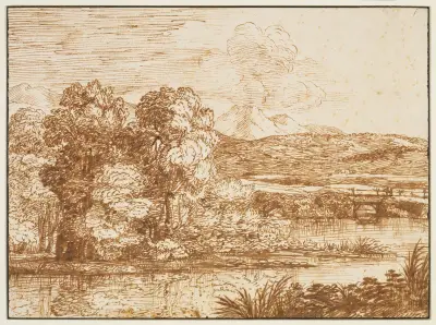 Landschaft mit Baumgruppe am Wasser av Claude Lorrain