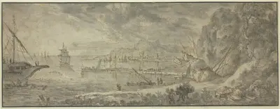 Marine, rechts große Felsen, vorn ein Maultiertreiber, im Hintergrunde eine Stadt av Claude Lorrain