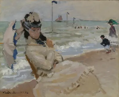 Camille on the Beach in Trouville av Claude Monet