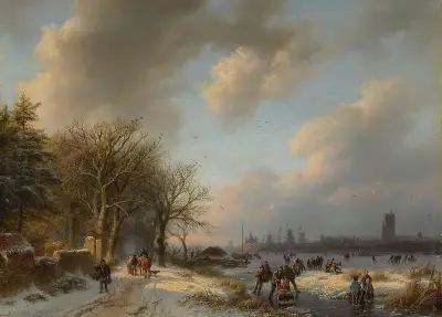 Skaters On A Waterway With A Koek-En-Zopie Beyond av Barend Cornelis Koekkoek