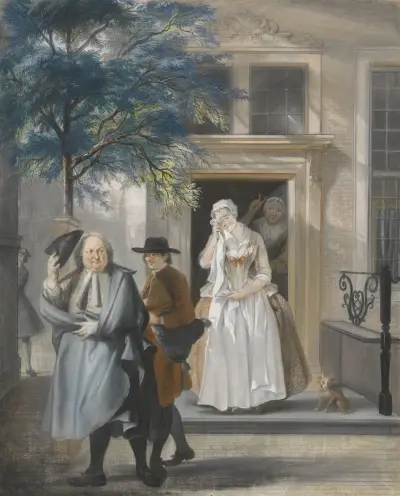‘De geveinsde droefheid’ eerste bedrijf, elfde toneel van het blijspel ‘De ontdekte schijndeugd’ van David Lingelbach, Cornelis Troost
