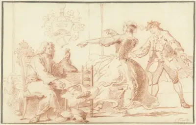 De rijke podagralijder, uitgelachen door een jonge vrouw,, Cornelis Troost