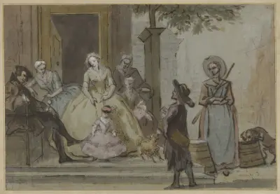 Draailier-speler voor een luisterende familie op de stoep van een stadshuis, Cornelis Troost