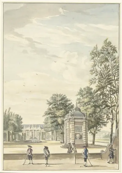 Gezicht op een buitenplaats met vier kolfspelers av Cornelis Troost