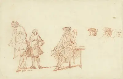 Studieblad met twee staande mannen en een zittende man, wiens hoofd driemaal herhaald is, Cornelis Troost