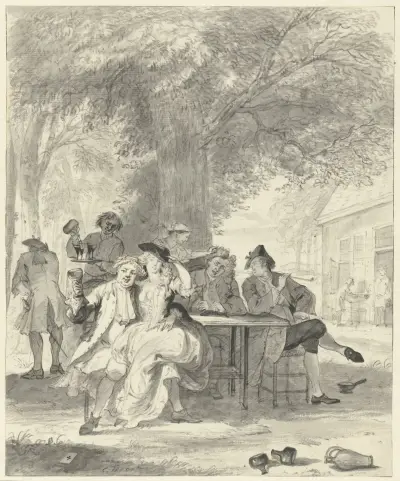 Uitgelaten gezelschap onder een boom voor een herberg, Cornelis Troost