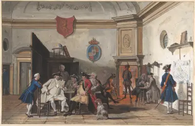 Wachtlokaal met lezende, rokende en kaartspelende officieren, Cornelis Troost