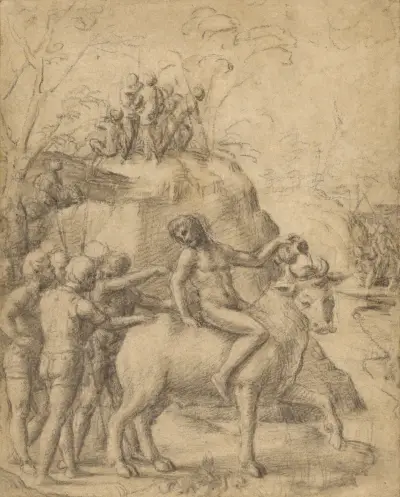 A Man Riding a Bull, and Other Figures von Correggio