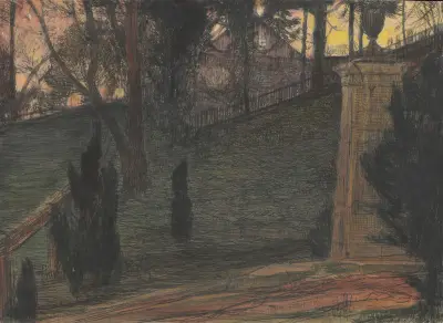 Fragment of a garden with an urn on a pedestal av Feliks Jabłczyński