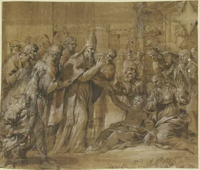 Heilung eines Kranken durch einen Bischof av Pietro da Cortona