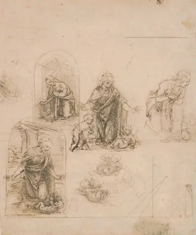 Compositional Sketches for the Virgin Adoring the Christ Child, with and without the Infant St. John the Baptist; Diagram of a Perspectival Projection von Leonardo da Vinci