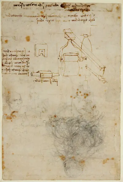 Head of an Old Man, and Studies of Machinery von Leonardo da Vinci