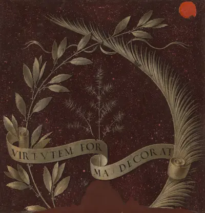 Wreath of Laurel, Palm, and Juniper with a Scroll inscribed Virtutem Forma Decorat von Leonardo da Vinci
