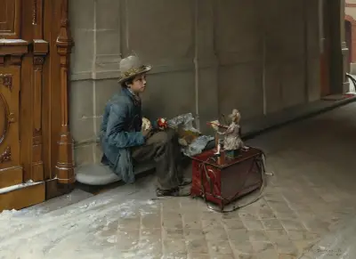 The petit savoyard eating in front of an entrance to a house av Pascal-Adolphe-Jean Dagnan-Bouveret