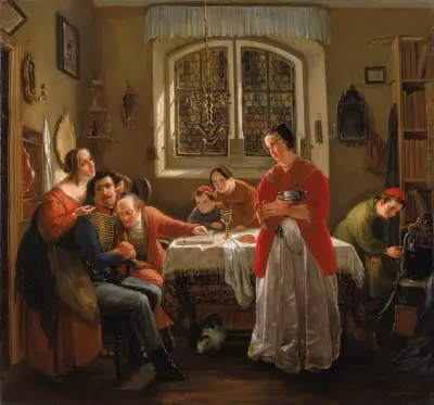 The Return of the Volunteer from the Wars of Liberation to His Family Still Living in Accordance wit…, Moritz Daniel Oppenheim