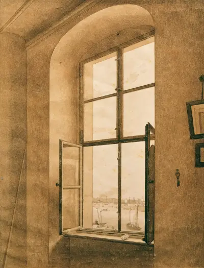 Blick aus dem Atelier des Künstlers in Dresden auf die Elbe (linkes Fenster) av Caspar David Friedrich