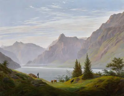 Landskap med bergssjö, morgon av Caspar David Friedrich