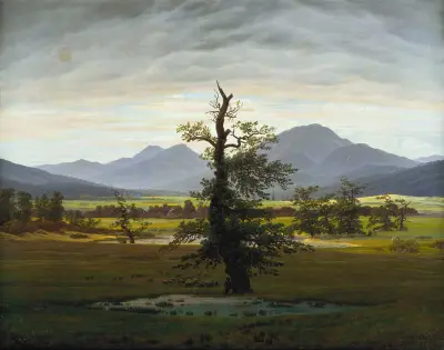 Bylanskap i morgonljus (Det ensamma trädet) av Caspar David Friedrich