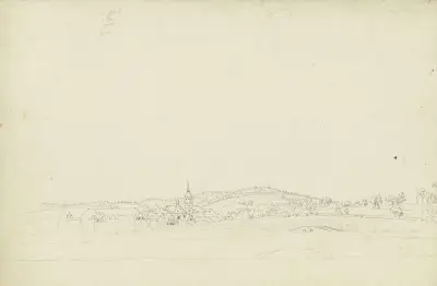 Vidtsträckt landskap med by och bro av Caspar David Friedrich
