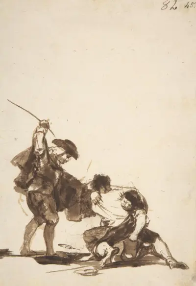 A man with a raised whip breaking up a fight between two figures av Francisco de Goya