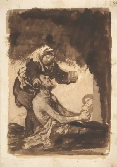 A woman giving a mug to an old man av Francisco de Goya
