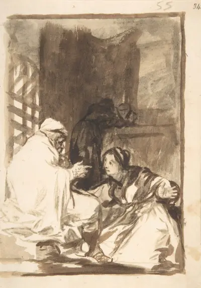 Klęcząca kobieta z szeroko rozłożonymi ramionami przed starcem, Francisco de Goya