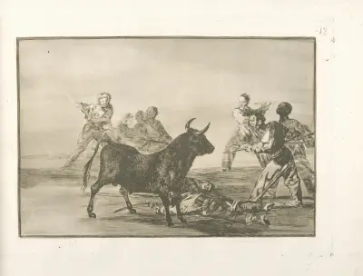 Desjarrete de la canalla con lanzas, medias-lunas, banderillas y otras armas av Francisco de Goya