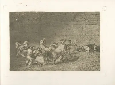 Dos grupos de picadores arrollados de seguida por un solo toro av Francisco de Goya