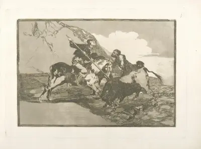 Modo con que los antiguos españoles cazaban los toros á caballo en el campo av Francisco de Goya