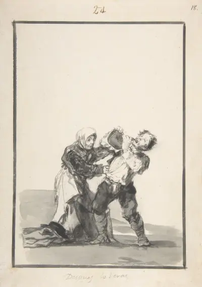 „Zobaczysz później”; pijący mężczyzna i kobieta, która próbuje go powstrzymać, Francisco de Goya