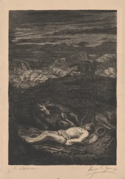 Lichaam van een man in een landschap met paarden av Henry de Groux