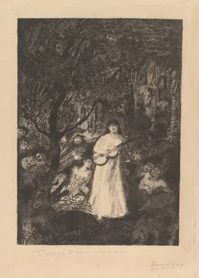 Vrouw met gitaar in een bos met figuren av Henry de Groux