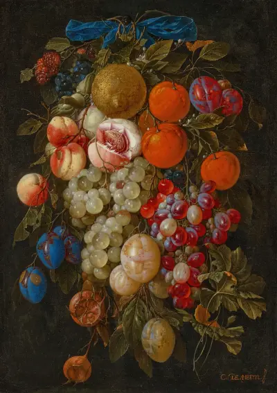 A festoon of fruit hanging from a blue ribbon av Cornelis de Heem