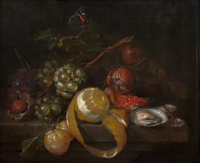 Composition with lemon, grapes and oysters av Cornelis de Heem