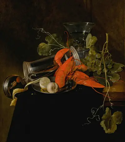 Still life with two lobsters, an overturned tankard, a berkemeier glass, grapes, and a lemon av Jan Davidsz de Heem