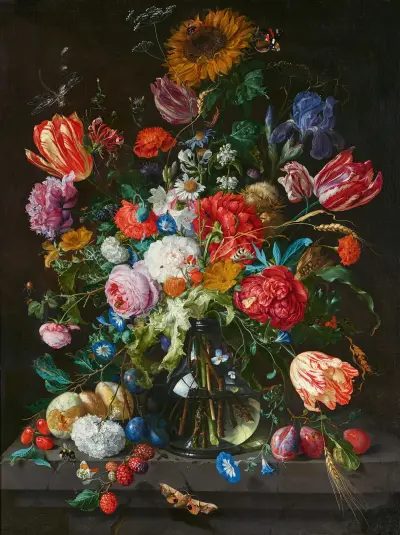 Stillleben mit Blumen und Früchten auf einer Steinkonsole av Jan Davidsz de Heem