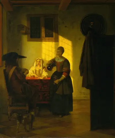 A Couple Playing Cards, with a Serving Woman av Pieter De Hooch