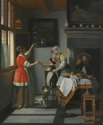 Interior With A Child Feeding A Parrot av Pieter De Hooch
