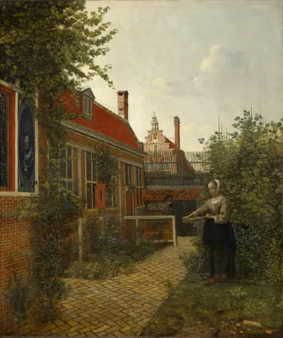 Woman with a Basket of Beans in a Kitchen Garden av Pieter De Hooch