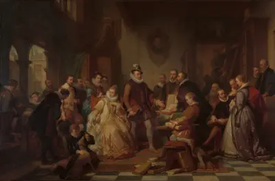 The Archdukes Albert and Isabella Visit the Printer Plantin av Nicaise De Keyser