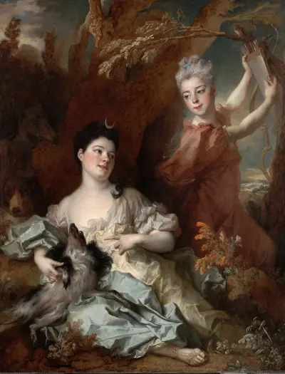 Portrait of the Comtesse de Montsoreau and Her Sister as Diana and an Attendant av Nicolas de Largillière