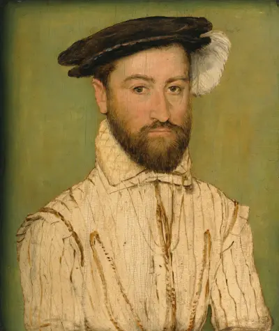 Portrait Of A Bearded Gentleman, In A Black Beret With White Plumage, Corneille de Lyon