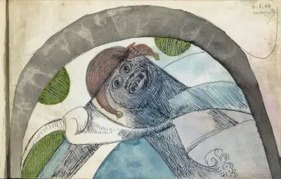 Antropomorficzna figura w czapce arlekina pod łukiem, Samuel Jessurun de Mesquita