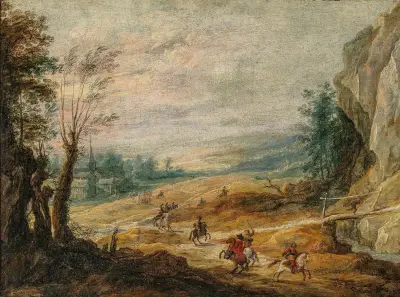 An extensive mountainous landscape with horsemen chasing a thief av Joos de Momper